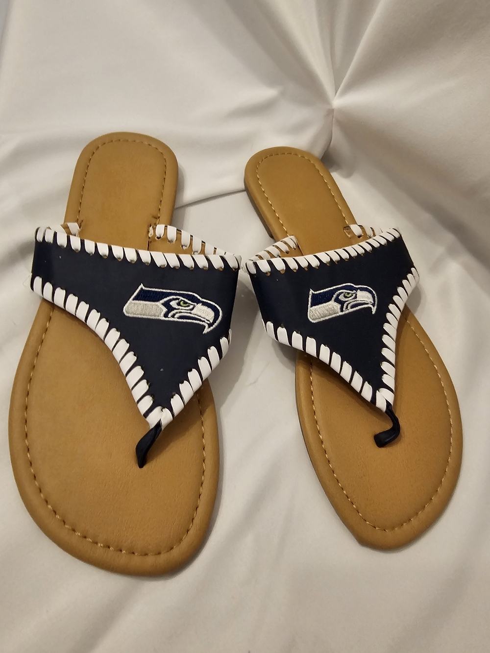 Seattle Seahawks Navy and White Women's Thong Sandals